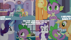 Size: 2000x1125 | Tagged: safe, derpibooru import, edit, edited screencap, editor:quoterific, screencap, applejack, rarity, spike, dragon, earth pony, pony, unicorn, spike at your service, female, male, mare, trio