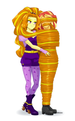 Size: 500x800 | Tagged: safe, artist:riouku, derpibooru import, adagio dazzle, sunset shimmer, human, equestria girls, alternate hairstyle, belt, blindfold, blushing, bondage, boots, clothes, commission, duo, female, fingerless gloves, gag, gloves, hair, hair bondage, high heel boots, impossibly long hair, lesbian, mummification, shipping, shoes, shorts, simple background, stockings, sunsagio, thigh highs, vest, white background