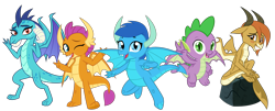 Size: 4445x1787 | Tagged: safe, artist:ponygamer2020, derpibooru import, ocellus, princess ember, smolder, spike, oc, oc:frosty, oc:frosty the dragon, dragon, absurd resolution, disguise, disguised changeling, dragon day, dragon oc, dragon ocellus, dragoness, female, flying, group, horn, looking at you, male, non-pony oc, peace sign, rock, simple background, sitting, smiling, smiling at you, spike day, tail, teenaged dragon, transparent background, vector, waving at you, winged spike, wings