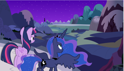 Size: 786x453 | Tagged: safe, artist:broxome, derpibooru import, edit, princess luna, twilight sparkle, twilight sparkle (alicorn), alicorn, pony, butt, crown, deviantart, duo, duo female, female, jewelry, looking down, mare, night, plot, regalia, spread wings, twibutt, vector, vector edit, wings