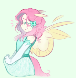 Size: 1569x1611 | Tagged: safe, artist:torridline, derpibooru import, fluttershy, anthro, butterfly, pegasus, pony, clothes, colored, curly hair, cute, dress, ears, ears back, floppy ears, fluffy, fluffy mane, fluffy tail, grin, happy, laughing, looking away, pink, princess, shy, sidemouth, sketch, smiling, solo, spread wings, tail, wings