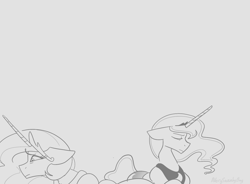 Size: 1536x1132 | Tagged: safe, artist:averysweatyboy, derpibooru import, princess celestia, princess luna, alicorn, pony, crown, duo, duo female, ears, eyes closed, female, floppy ears, gray background, grayscale, jewelry, mare, monochrome, regalia, royal sisters, siblings, simple background, sisters, uncomfortable