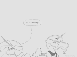 Size: 1536x1132 | Tagged: safe, artist:averysweatyboy, derpibooru import, princess celestia, princess luna, alicorn, pony, crown, dialogue, duo, duo female, ears, female, floppy ears, gray background, grayscale, jewelry, mare, monochrome, regalia, royal sisters, siblings, simple background, sisters, speech bubble, uncomfortable