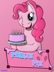 Size: 1500x1995 | Tagged: safe, derpibooru import, pinkie pie, earth pony, pony, cake, food, gradient background, hoof hold, name tag, one eye closed, raised hoof, raised leg, smiling, solo, sprinkles, wink