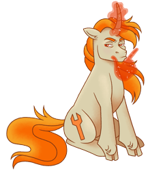 Size: 1231x1398 | Tagged: safe, artist:fizzmitz, derpibooru import, oc, oc only, oc:tekkitbeasting, unicorn, 2023 community collab, curved horn, cutie mark, derpibooru community collaboration, ear fluff, ears, hand, horn, long mane, long tail, magic, magic hands, male, simple background, sitting, solo, stallion, tail, thinking, transparent background
