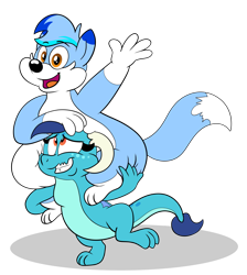 Size: 3956x4412 | Tagged: safe, artist:rupertbluefox, derpibooru import, princess ember, oc, oc:rupert the blue fox, dragon, fox, 2023 community collab, canon x oc, carrying, chubby, derpibooru community collaboration, duo, female, looking up, male, male and female, open mouth, piggyback ride, pose, shrunken pupils, simple background, smiling, standing on one foot, transparent background