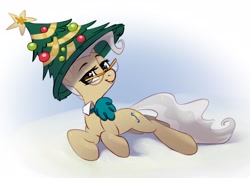 Size: 3216x2296 | Tagged: safe, artist:taneysha, derpibooru import, mayor mare, earth pony, pony, christmas, christmas tree, female, glasses, hat, high res, holiday, looking at you, lying down, mare, simple background, smiling, smiling at you, solo, tree, white background