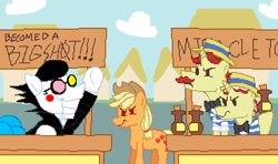Size: 1600x945 | Tagged: safe, artist:creepa-bot inc., derpibooru import, applejack, flam, flim, earth pony, pony, unicorn, angry, applejack is not amused, applejack's hat, bottle, brothers, clothes, cowboy hat, deltarune, flim flam brothers, friday night funkin', hat, identical twins, pipis, pixel art, ponified, ponyville, puppet, siblings, sign, spamton, stand, twin brothers, twins, unamused