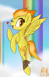 Size: 1552x2396 | Tagged: safe, artist:notadeliciouspotato, derpibooru import, spitfire, pegasus, pony, bandage, blowing a kiss, cloud, female, floating heart, flying, heart, looking at you, mare, one eye closed, open mouth, open smile, rainbow waterfall, signature, smiling, solo, spread wings, wings, wink