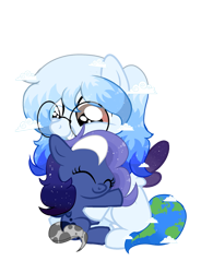 Size: 1369x1857 | Tagged: safe, artist:be_yourself, derpibooru import, oc, oc:altersmay earth, oc:moony nightly, pegasus, pony, 2023 community collab, baby, baby pony, cloud, colored wings, cute, derpibooru community collaboration, duo, duo female, eyes closed, female, filly, foal, glasses, grin, heterochromia, looking down, planet ponies, ponified, simple background, smiling, transparent background, wings