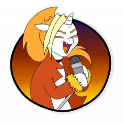 Size: 3600x3600 | Tagged: safe, artist:pony quarantine, derpibooru import, oc, oc only, oc:dyx, alicorn, pony, eyes closed, female, filly, foal, microphone, open mouth, sharp teeth, simple background, singing, solo, teeth, white background