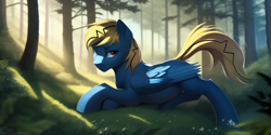 Size: 4096x2048 | Tagged: safe, derpibooru import, machine learning generated, oc, oc only, oc:thunder lightning, pegasus, pony, crepuscular rays, depth of field, forest, forest background, lighting, looking at you, male, pegasus oc, shading, solo