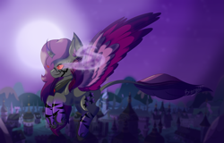 Size: 1617x1033 | Tagged: safe, artist:brybrychan, derpibooru import, oc, oc only, alicorn, pony, alicorn oc, female, flying, horn, mare, night, outdoors, solo, sombra eyes, stars, story included, wings