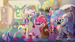 Size: 1453x811 | Tagged: safe, artist:brybrychan, derpibooru import, pinkie pie, oc, earth pony, hybrid, pony, :p, earth pony oc, eyes closed, female, indoors, kitchen, male, mare, necktie, parents:canon x oc, signature, smiling, stallion, sugarcube corner, tongue, tongue out, unshorn fetlocks