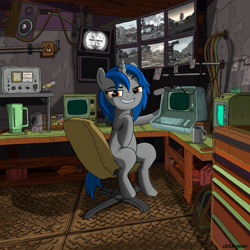 Size: 2000x2000 | Tagged: safe, artist:dddromm, derpibooru import, oc, oc only, oc:homage, pony, unicorn, fallout equestria, chair, coffee, coffee mug, computer, female, looking at you, mare, microphone, mug, sitting, solo, speaker