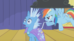 Size: 1000x563 | Tagged: safe, derpibooru import, edit, edited screencap, screencap, rainbow dash, trixie, pegasus, pony, unicorn, boast busters, season 1, alternate scenario, brooch, cape, clothes, duo, duo female, female, flying, frown, gem, jewelry, lightning, mare, open mouth, shocked, shocked expression, silly, spread wings, stars, thunder cloud, trixie is not amused, trixie's brooch, trixie's cape, unamused, wings