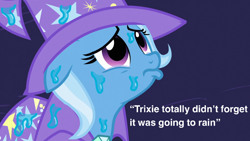 Size: 1000x563 | Tagged: safe, derpibooru import, edit, edited screencap, screencap, trixie, pony, unicorn, magic duel, season 3, blatant lies, cape, clothes, cute, dialogue, diatrixes, ears, female, floppy ears, frown, gem, hat, looking up, mare, oops, pouting, sad, silly, silly pony, solo, text, trixie's cape, trixie's hat, water droplet, wet