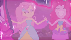 Size: 3072x1727 | Tagged: safe, derpibooru import, screencap, fluttershy, pinkie pie, twilight sparkle, human, equestria girls, equestria girls (movie), bare shoulders, duo focus, eyes closed, fall formal outfits, female, grin, hairpin, holding hands, night, offscreen character, sleeveless, smiling, strapless, twilight ball dress