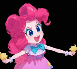 Size: 576x512 | Tagged: safe, derpibooru import, machine learning generated, pinkie pie, human, equestria girls, >:d, anime, black background, cupcake, female, food, pinegraph, simple background, solo