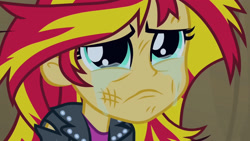 Size: 3072x1727 | Tagged: safe, derpibooru import, screencap, sunset shimmer, human, equestria girls, equestria girls (movie), clothes, crying, cute, female, frown, jacket, leather, leather jacket, sad, sadorable, shimmerbetes, solo