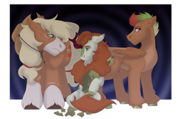 Size: 1280x854 | Tagged: safe, artist:itstechtock, derpibooru import, applejack, autumn blaze, oc, oc:pazazz apple, hybrid, kirin, pony, crying, interspecies offspring, magical lesbian spawn, offspring, parent:applejack, parent:autumn blaze, parents:autumnjack