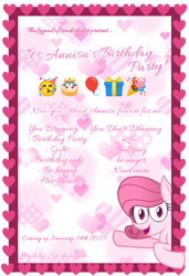 Size: 1816x2660 | Tagged: safe, artist:tanahgrogot, derpibooru import, oc, oc only, oc:annisa trihapsari, earth pony, pony, balloon, birthday cake, birthday card, cake, earth pony oc, emoji, female, food, hat, heart, ibispaint x, looking at you, mare, open mouth, open smile, party hat, present, simple background, smiling, smiling at you, solo, transparent background