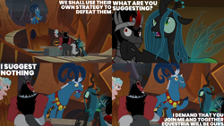 Size: 2000x1125 | Tagged: safe, derpibooru import, edit, edited screencap, editor:quoterific, screencap, cozy glow, grogar, king sombra, lord tirek, queen chrysalis, centaur, changeling, changeling queen, pegasus, pony, sheep, taur, umbrum, unicorn, the beginning of the end, bell, bell collar, collar, confused, crystal ball, evil grin, female, filly, foal, freckles, frown, grin, grogar's orb, legion of doom, male, nose piercing, nose ring, piercing, raised hoof, raised leg, ram, septum piercing, smiling