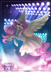 Size: 800x1132 | Tagged: safe, artist:nuumia, derpibooru import, fluttershy, pegasus, pony, clothes, cute, dress, eyes closed, flying, open mouth, open smile, shyabetes, smiling, solo, sweet dreams fuel