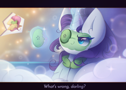 Size: 2100x1500 | Tagged: safe, artist:miryelis, derpibooru import, fluttershy, rarity, pegasus, pony, unicorn, bathrobe, bubble, clothes, cucumber, darling, food, glowing, glowing horn, horn, magic, magic aura, mask, mud mask, robe, smiling, spa, telekinesis, text, water