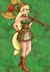 Size: 1401x1986 | Tagged: safe, artist:sydbees, derpibooru import, applejack, human, abstract background, axe, female, humanized, magical girl, solo, tail, tailed humanization, weapon