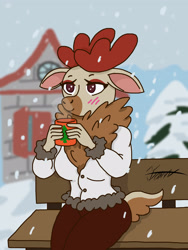 Size: 2304x3072 | Tagged: safe, artist:ma5teroftheuniv3rse, derpibooru import, anthro, deer, reindeer, them's fightin' herds, background character, bench, blushing, clothes, coat, comet (tfh), community related, ears, floppy ears, mug, snow, snowfall