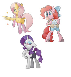 Size: 857x933 | Tagged: safe, artist:yunlongchen, derpibooru import, fluttershy, pinkie pie, rarity, earth pony, pegasus, pony, semi-anthro, unicorn, bell, bell collar, belt, bipedal, blouse, bow, bubble, bubblegum, butt, clothes, collar, dock, ears, eyeshadow, female, floppy ears, flower, flower in hair, food, glasses, gum, hair bow, horn, lidded eyes, makeup, mare, open mouth, plot, pouch, simple background, skirt, socks, spread wings, tail, trio, watch, white background, wings, wristwatch
