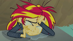 Size: 3072x1727 | Tagged: safe, derpibooru import, screencap, sunset shimmer, human, equestria girls, equestria girls (movie), clothes, crying, eyes closed, female, jacket, leather, leather jacket, lip bite, solo