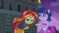 Size: 3072x1727 | Tagged: safe, derpibooru import, screencap, sunset shimmer, twilight sparkle, human, equestria girls, equestria girls (movie), bare shoulders, canterlot high, clothes, crying, duo, duo female, fall formal outfits, female, jacket, leather, leather jacket, lip bite, night, open mouth, sleeveless, smiling, spread wings, strapless, twilight ball dress, wings