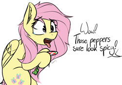 Size: 1377x958 | Tagged: safe, alternate version, artist:pinkberry, derpibooru import, fluttershy, pegasus, pony, alternate hairstyle, carrot, colored sketch, dialogue, doodle, female, food, implied penis, mare, offscreen character, open mouth, peppers, simple background, sketch, solo, spicy, teary eyes, text, tongue, tongue out, white background