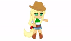 Size: 1953x1125 | Tagged: source needed, safe, derpibooru import, applejack, human, bow, female, freckles, gacha, gacha club, gacha life, hair bow, hand on hip, hat, raised arm, simple background, smiling, solo, standing, white background