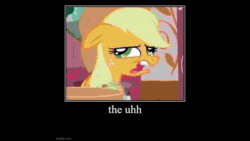 Size: 1280x720 | Tagged: safe, artist:datte-before-dawn, edit, edited screencap, screencap, applejack, earth pony, pony, applebuck season, bowl, cropped, disgusted, door, faic, female, looking up, mare, measuring cup, muffled words, open mouth, solo, sound, sugarcube corner, vulgar