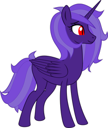 Size: 5564x6621 | Tagged: safe, artist:etymologically correct filly, oc, oc only, oc:clockwork, alicorn, pony, fallout equestria, alicorn oc, artificial alicorn, female, horn, mare, mutiecorn, purple alicorn (fo:e), purple coat, purple mane, red eyes, simple background, solo, transparent background, wings