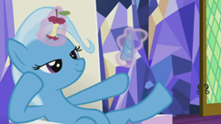 Size: 650x365 | Tagged: safe, derpibooru import, edit, edited screencap, screencap, trixie, pony, unicorn, all bottled up, season 7, apple, apple core, belly, chair, crystal, female, food, glowing, glowing horn, hoof on cheek, horn, levitation, magic, mare, raised hoof, raised leg, random, relaxed, silly, sitting, smiling, solo, telekinesis, throne, throne room, twilight's castle