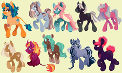 Size: 4992x2975 | Tagged: safe, artist:spookierdeer, derpibooru import, oc, oc only, oc:berry cherry, oc:cozy macchiato, oc:donut crush, oc:dusky comfort, oc:dust storm, oc:fluster flickerfluff, oc:mint truffle, oc:prairie petal, oc:sunlight refrain, oc:sunshower, classical unicorn, earth pony, pegasus, pony, unicorn, bucktooth, cloven hooves, coat markings, earth pony oc, facial markings, female, goggles, high res, horn, leonine tail, magical gay spawn, magical lesbian spawn, male, mare, offspring, parent:applejack, parent:big macintosh, parent:fluttershy, parent:pinkie pie, parent:rainbow dash, parent:starlight glimmer, parent:sunset shimmer, parent:tempest shadow, parent:trenderhoof, parent:twilight sparkle, parents:appledash, parents:applepie, parents:appleshimmer, parents:rainbowmac, parents:shimmerglimmer, parents:sunshyne, parents:tempestpie, parents:tempestshimmer, parents:trendermac, parents:twijack, pegasus oc, simple background, snip (coat marking), socks (coat marking), stallion, star (coat marking), unicorn oc, unshorn fetlocks, yellow background