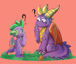 Size: 1774x1484 | Tagged: safe, artist:cosmiclitgalaxy, derpibooru import, spike, dragon, crossover, duo, international dragon day, looking at each other, looking at someone, male, question mark, red background, simple background, spyro the dragon, spyro the dragon (series)