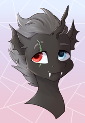 Size: 920x1340 | Tagged: safe, artist:lambydwight, derpibooru import, oc, oc:lantern calmness, changeling, pony, bust, fangs, gradient background, heterochromia, portrait, scar, simple background