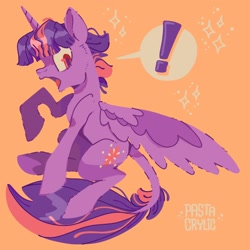 Size: 2048x2048 | Tagged: safe, artist:pastacrylic, derpibooru import, twilight sparkle, twilight sparkle (alicorn), alicorn, pony, exclamation point, leonine tail, male, open mouth, orange background, simple background, solo, sparkles, spread wings, stallion, tail, transgender, wings