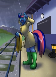 Size: 931x1280 | Tagged: safe, artist:ketzel99, derpibooru import, oc, oc only, oc:ryo, anthro, boots, clothes, denim, implied ironfire, jeans, pants, puddle, rain, raincoat, shirt, shoes