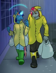 Size: 985x1280 | Tagged: safe, artist:ketzel99, derpibooru import, oc, oc only, oc:ironfire, oc:ryo, anthro, boots, clothes, denim, jeans, pants, puddle, rain, raincoat, shirt, shoes