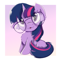 Size: 2000x2000 | Tagged: safe, artist:candy meow, derpibooru import, twilight sparkle, pony, unicorn, adorkable, cheek fluff, chest fluff, cute, dork, ear fluff, ears, female, filly, filly twilight sparkle, foal, glasses, gradient background, high res, oversized glasses, simple background, sitting, solo, twiabetes, younger