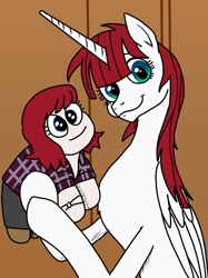 Size: 1200x1607 | Tagged: safe, artist:pony quarantine, derpibooru import, oc, oc only, oc:fausticorn, alicorn, human, pony, concave belly, female, hoof hold, lauren faust, looking at you, mare, plushie, ponified, slim, smiling, smiling at you, solo, thin