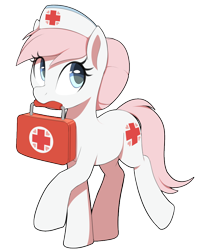 Size: 750x950 | Tagged: safe, artist:thebatfang, derpibooru import, nurse redheart, earth pony, pony, case, cute, female, first aid kit, heartabetes, looking up, mare, mouth hold, simple background, solo, transparent background, walking