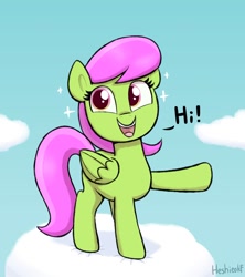 Size: 1554x1750 | Tagged: safe, artist:heretichesh, derpibooru import, merry may, pegasus, pony, cloud, female, looking at you, mare, on a cloud, open mouth, open smile, smiling, smiling at you, solo, sparkles, standing on a cloud, talking to viewer