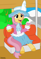 Size: 1660x2380 | Tagged: safe, artist:terminalhash, derpibooru import, swan song, earth pony, pony, alcohol, clothes, commission, female, ferris wheel, forest, glass, hat, high res, mare, sitting, skirt, smiling, solo, vector, wine, wine glass